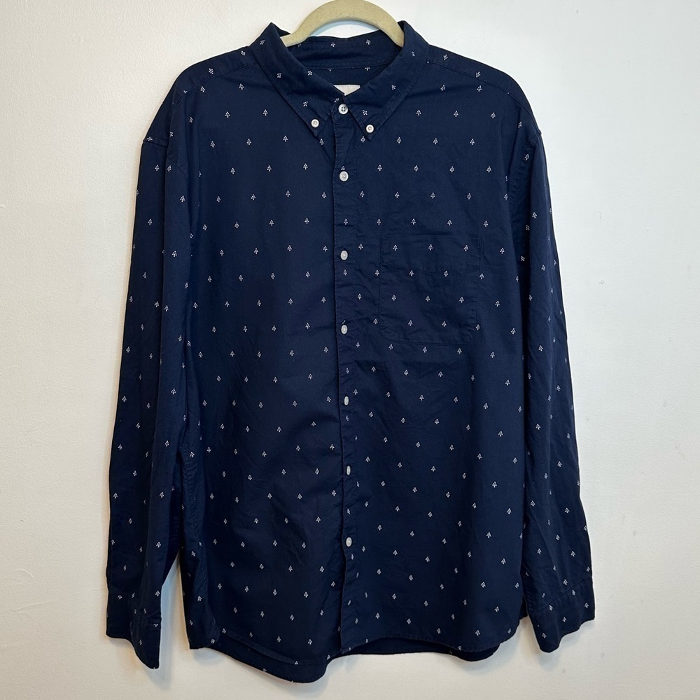 American Eagle Men XXL Classic Fit Button Up Shirt Navy Blue Polka Dot Cotton